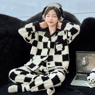 150小个子睡衣女秋冬珊瑚绒翻领格子家居服冬季两件套145矮个子