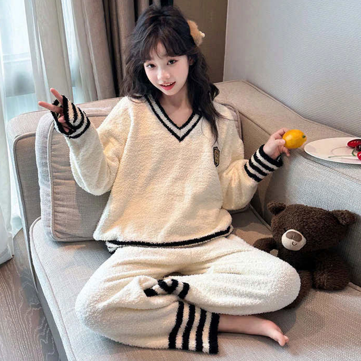 150小个子秋冬新款半边绒睡衣