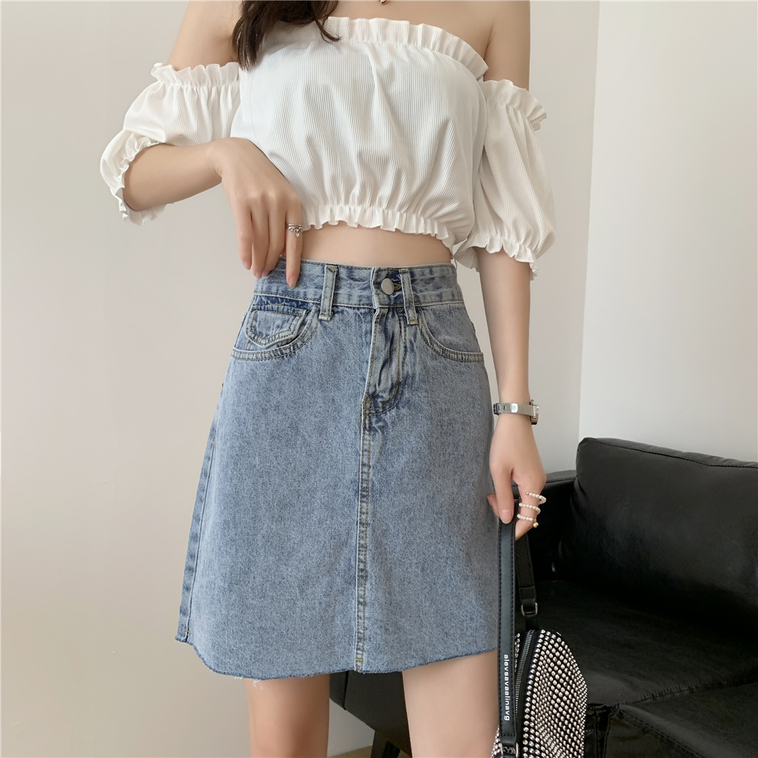 Real shot real price summer new high waist word niche design feeling show thin show legs long blue denim half
