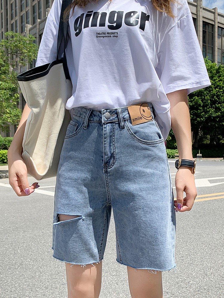 5-point jeans women's new mid pants summer loose straight Hong Kong style high waist thin shorts