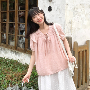 女夏季 小个子法式 日系系带粉色短袖 甜美小飞袖 上衣 衬衫 小雨良品