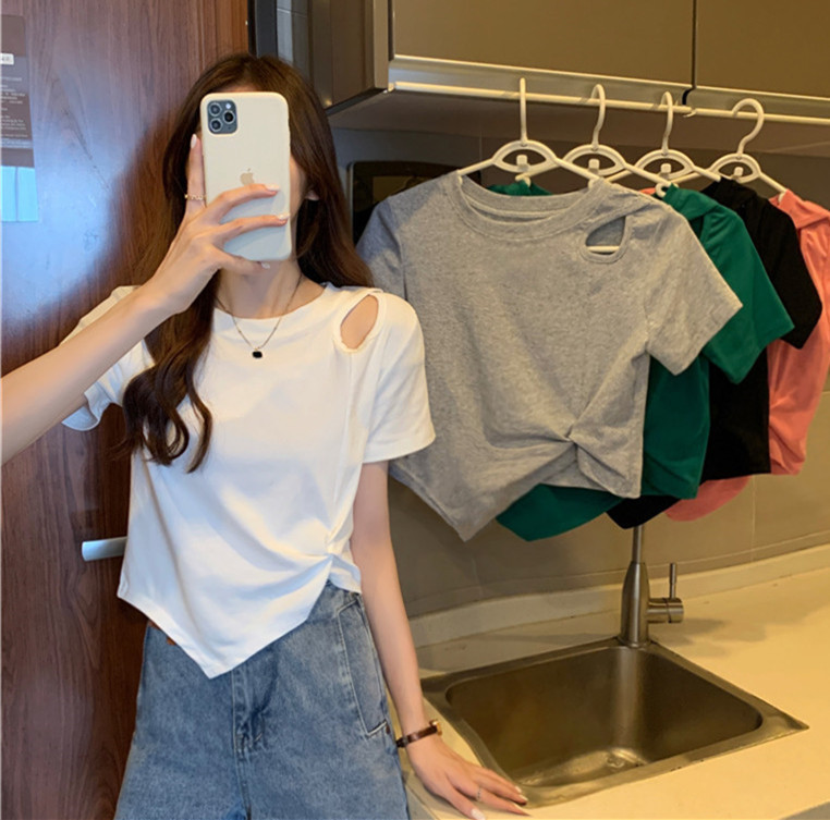 Real shooting and real price summer new design sense minority irregular short T-shirt slim short sleeve top