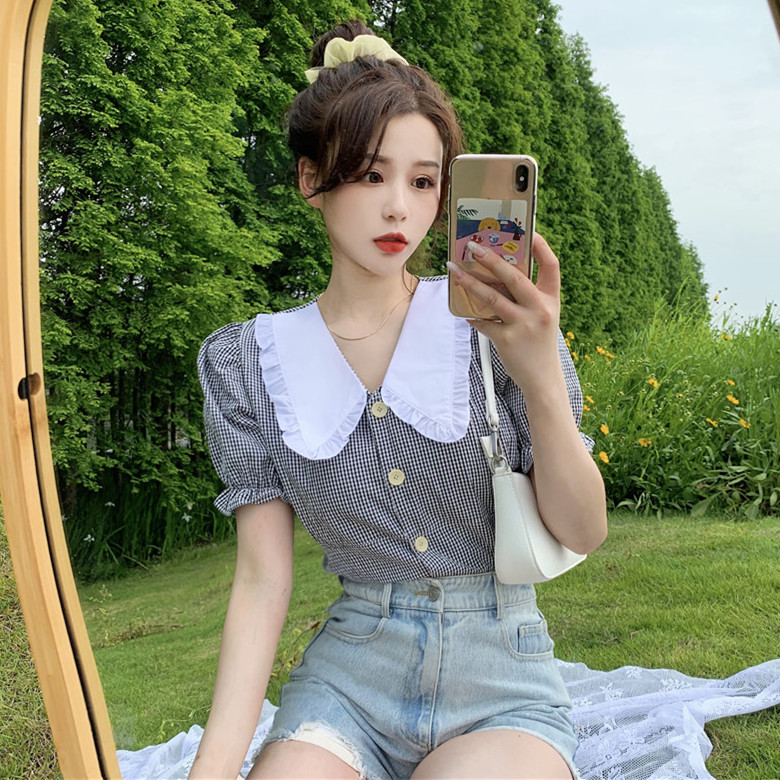 Real shot real price summer new Korean style design doll collar color contrast check short shirt blouse