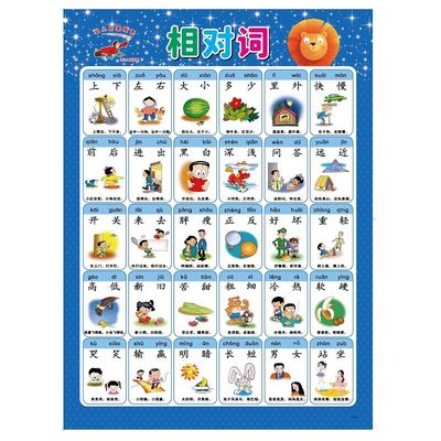 无声挂图认识汉字拼音反义词相对词看图识字宝宝儿童早教启蒙挂画