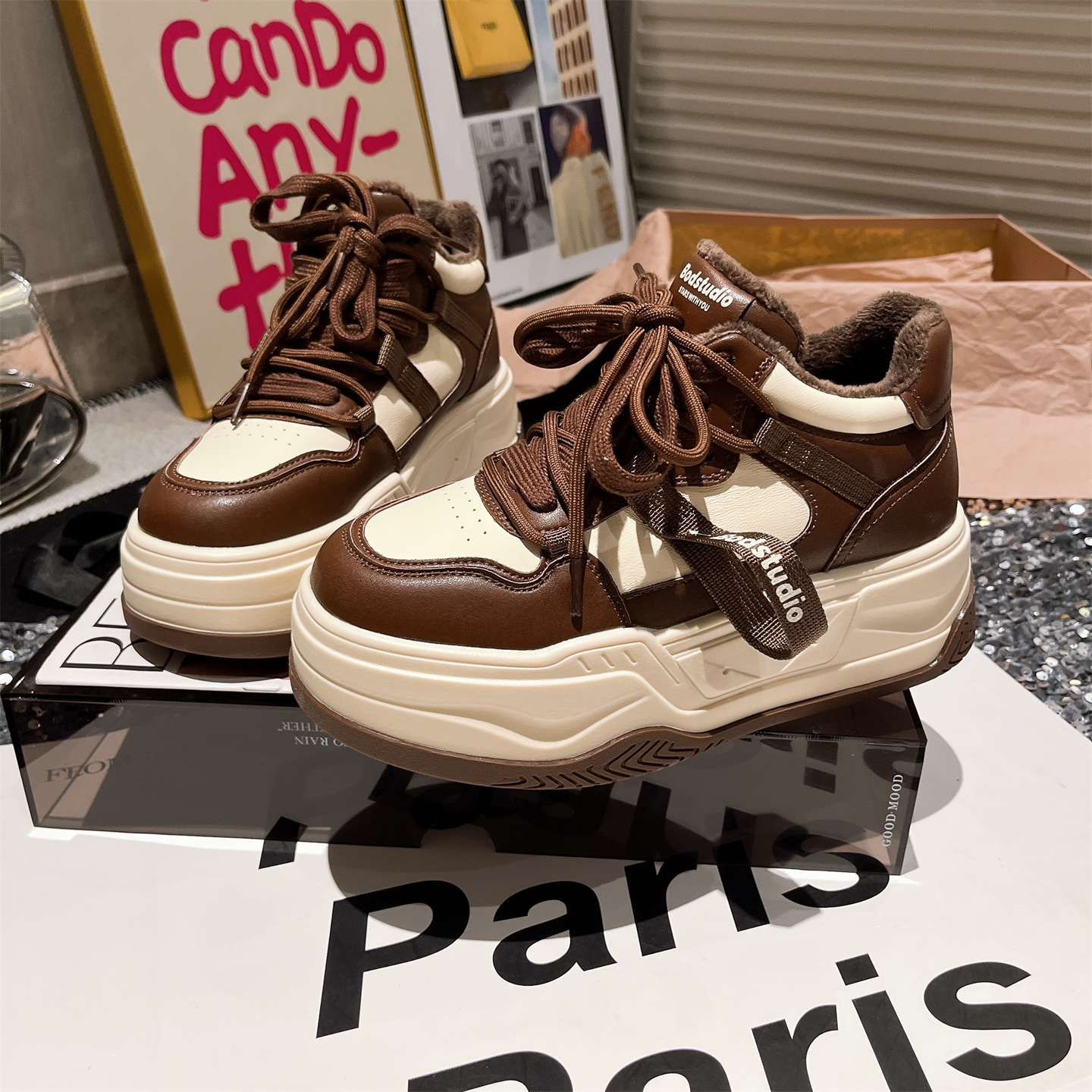 加绒高帮鞋熊猫鞋运动小个子女鞋