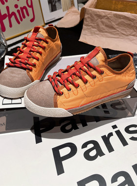 真皮版~韩版ins超火系带真皮绸缎布休闲鞋板鞋红色德训鞋平底女鞋