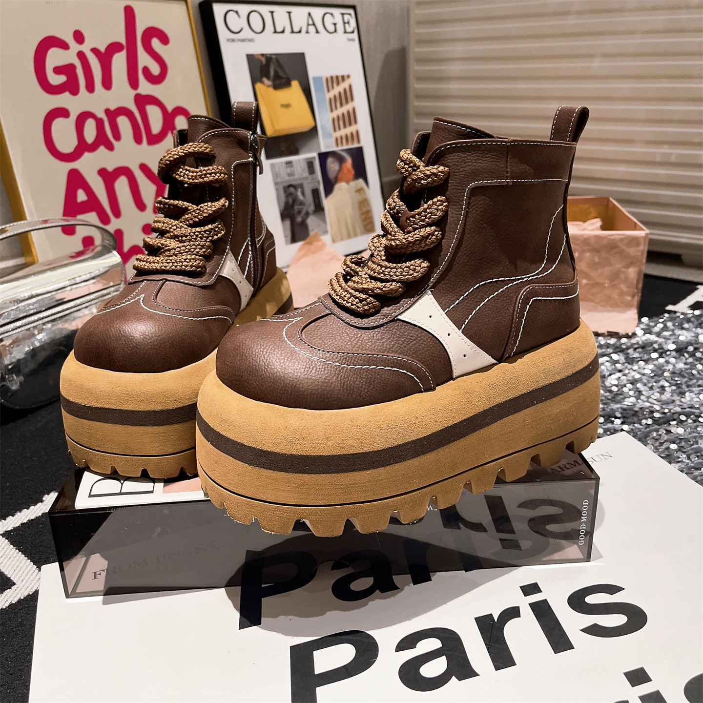 欧货大头系带厚底松糕马丁靴