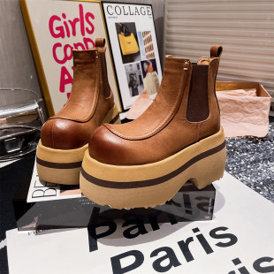 2025新款 厚底马丁靴英伦风小个子增高短靴百搭擦色9cm大黄靴女鞋