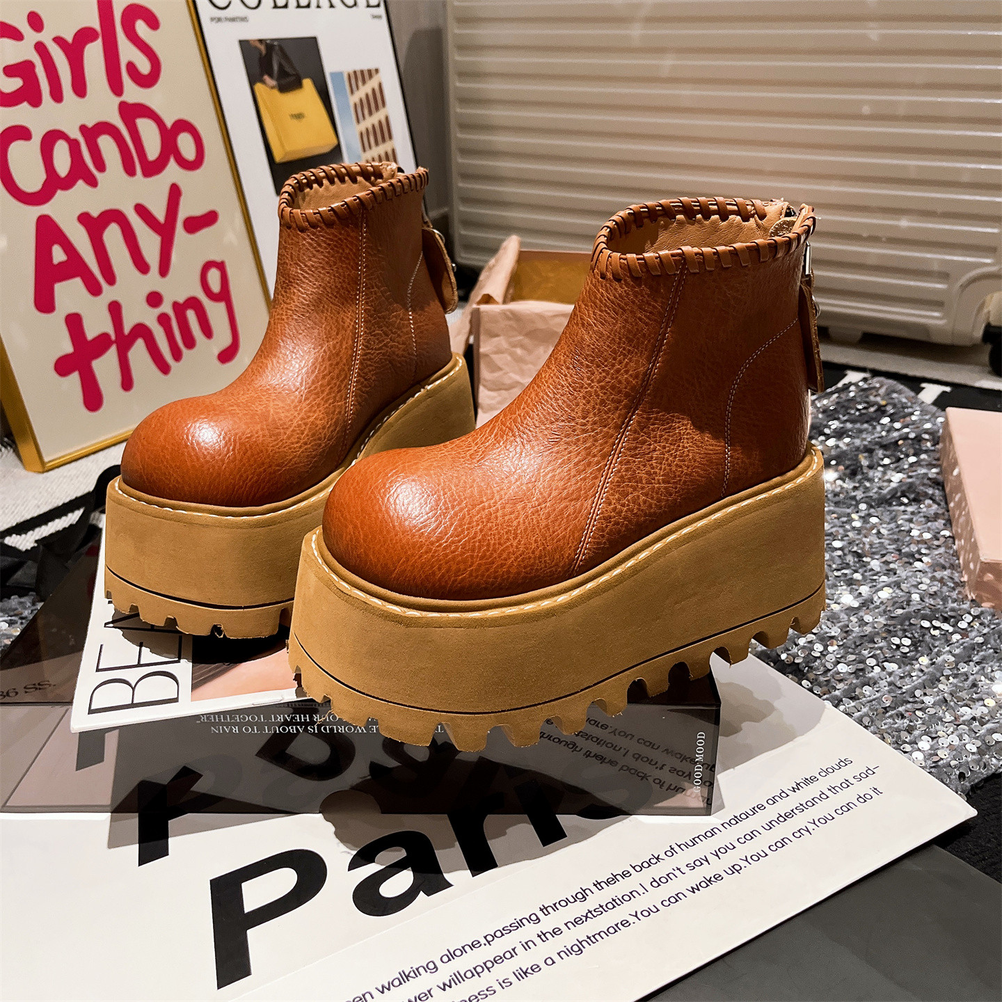 机车短靴厚底松糕小个子8cm女鞋