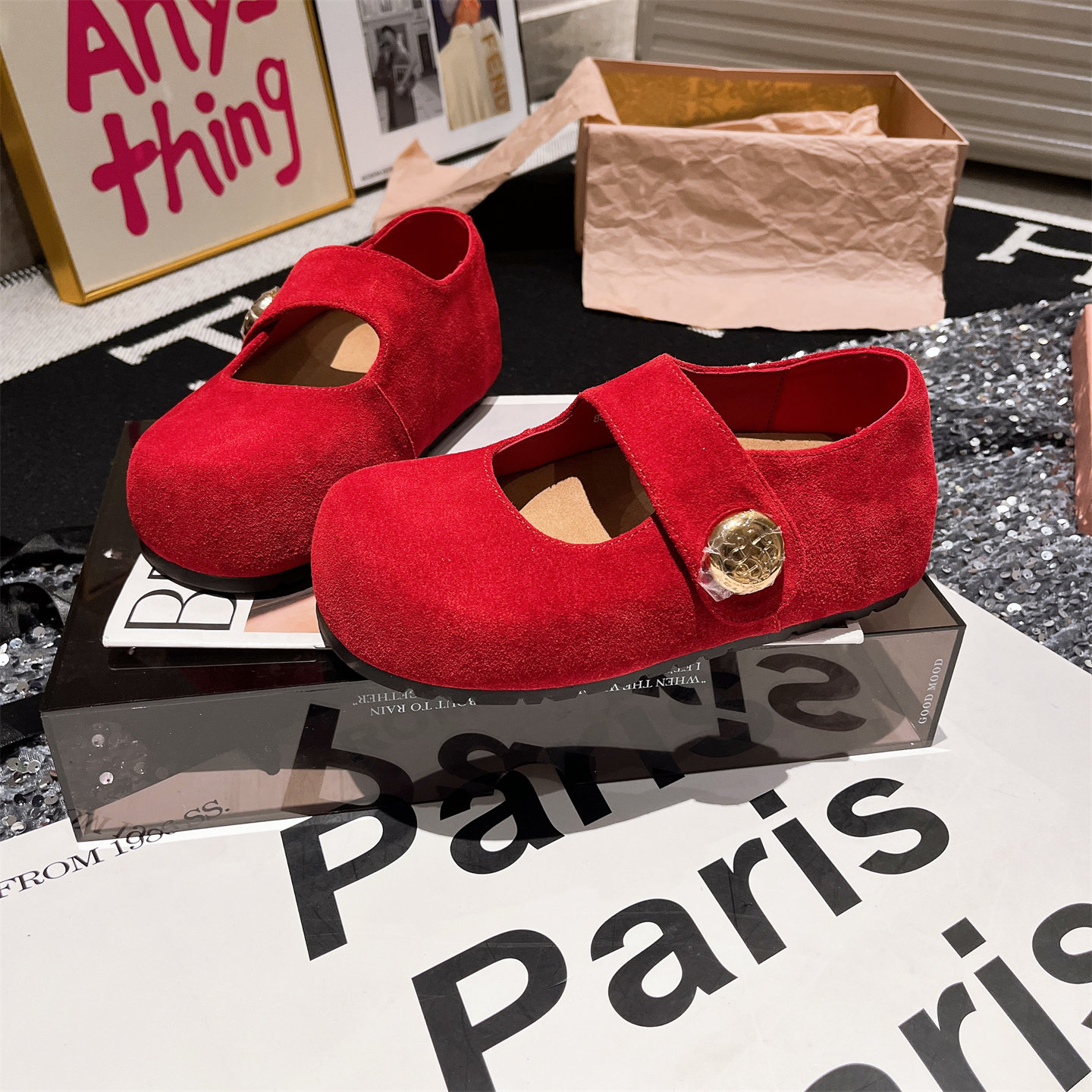 真皮版~欧货一字金属扣玛丽珍卡皮巴拉内增高豆豆鞋单鞋红色女鞋,女鞋,时尚芭蕾鞋,淘宝优惠券,粉丝福利购,淘宝优惠卷