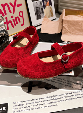 真皮~欧货一字玛丽珍浅口勃肯鞋豆豆鞋乐福鞋平底芭蕾风红色女鞋