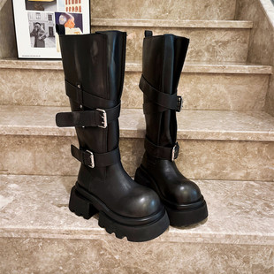 2025新款 真皮皮带扣机车靴女大头粗跟马丁靴骑士靴长靴7cm毒液靴