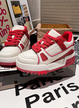 真皮版~欧货真皮红色擦色休闲鞋板鞋小白鞋小胖丁厚底面包鞋女鞋