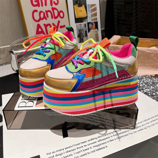 欧洲站系带彩虹底厚底松糕超高跟小个子8cm休闲鞋板鞋德训鞋女鞋