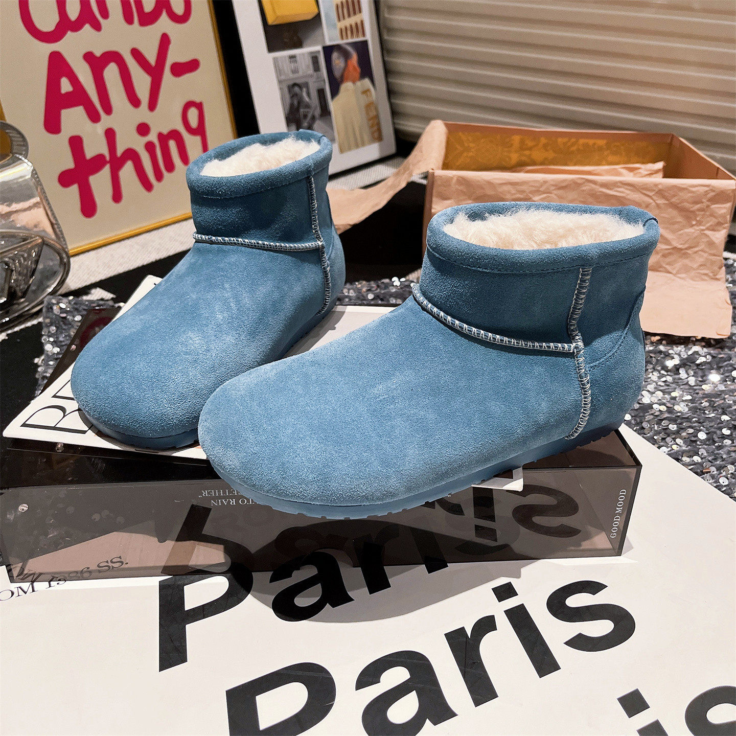 欧洲站真皮羊毛大头糖果色勃肯鞋面包鞋平底雪地棉靴白色短靴女鞋