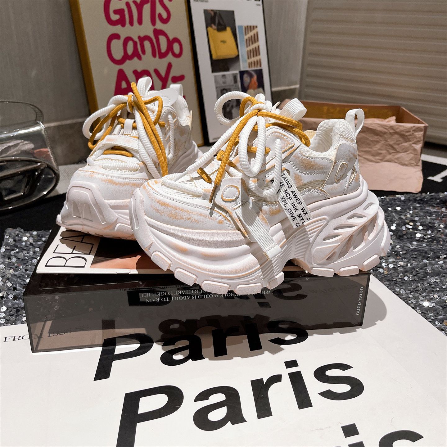 真皮版~韩版擦色做旧系带厚底松糕超高跟小个子老爹鞋8cm运动鞋女,女鞋,老爹鞋,淘宝优惠券,粉丝福利购,淘宝优惠卷