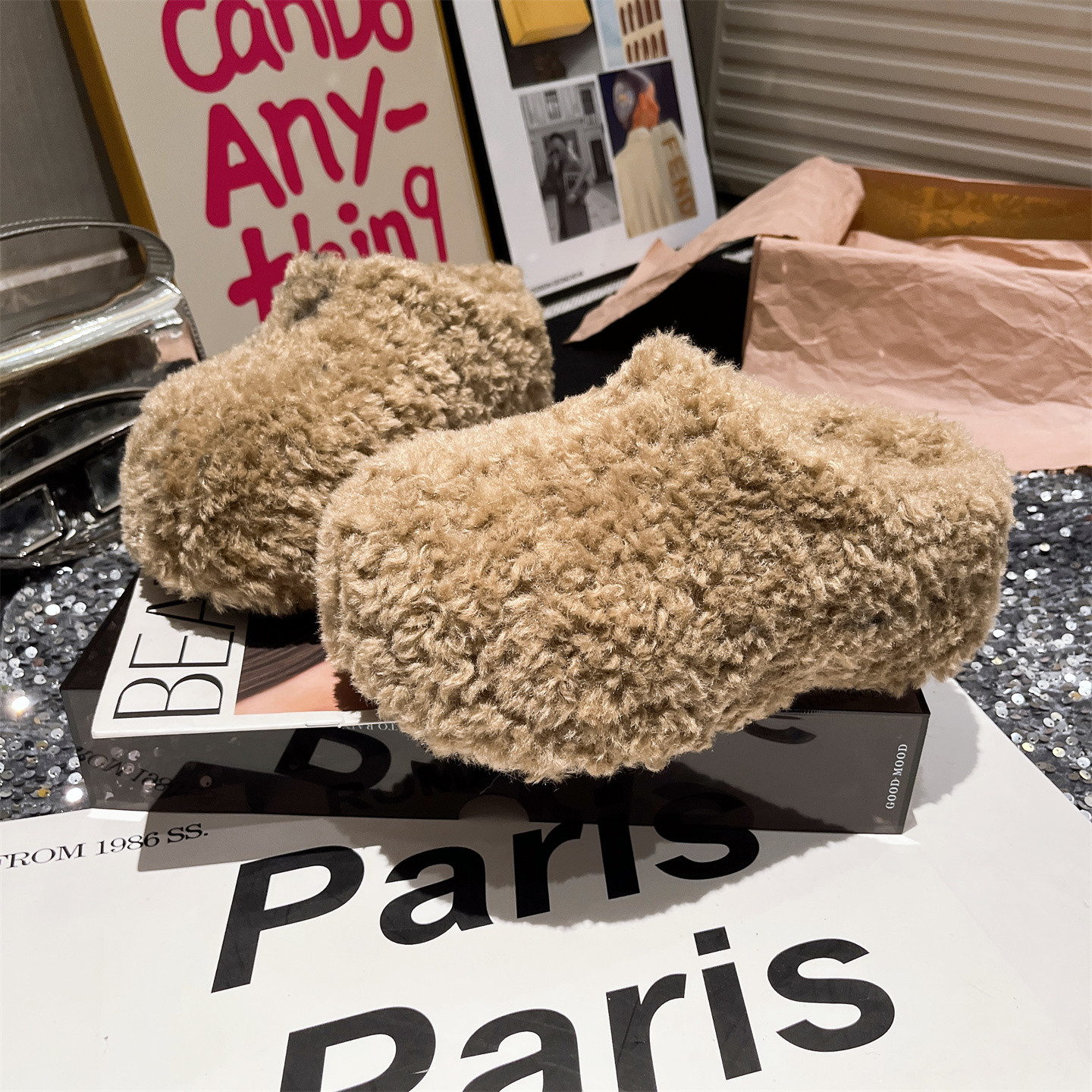 欧货羊卷毛毛鞋厚底松糕小个子6cm包头半拖鞋泰迪毛加绒保暖女鞋