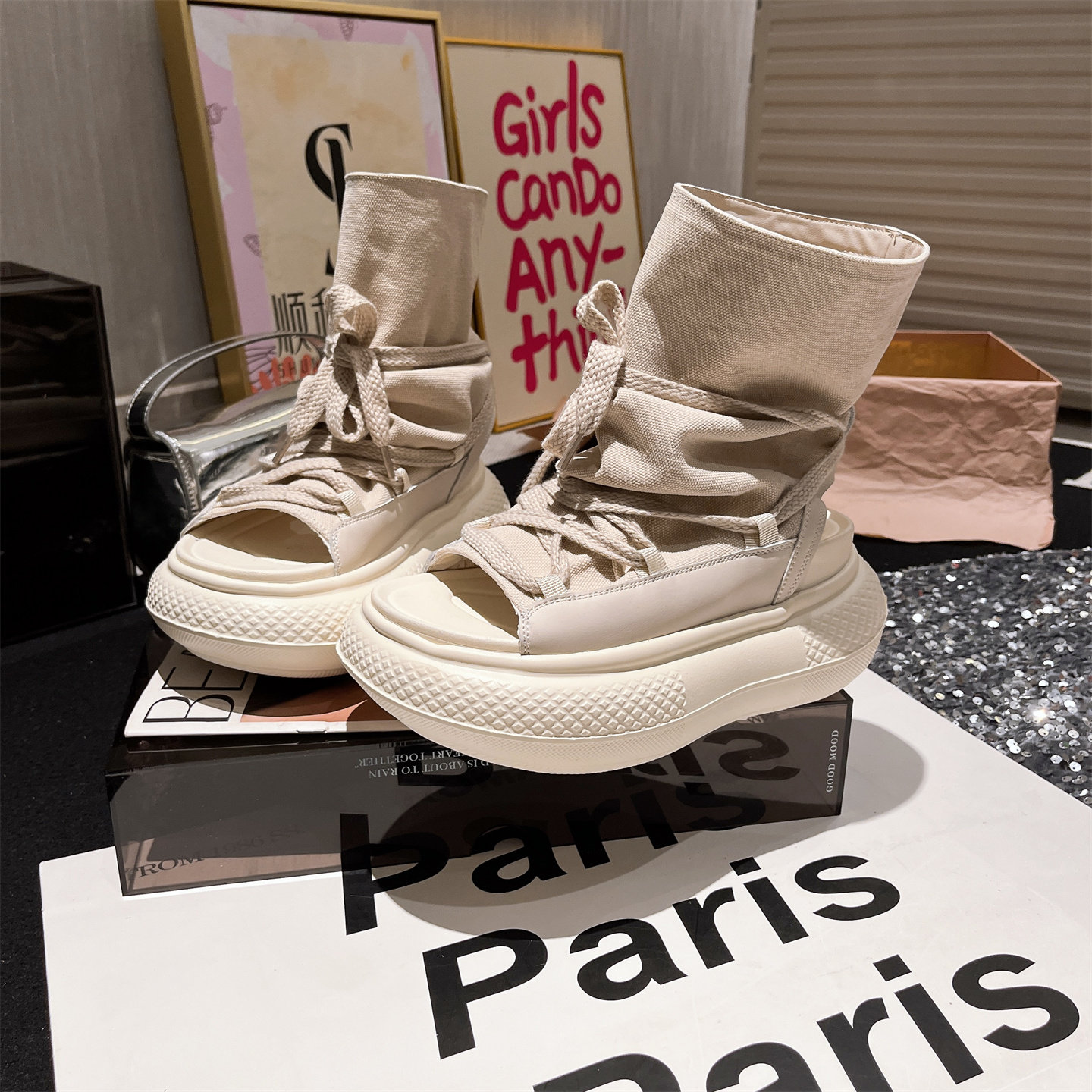 欧洲站系带绑带厚底松糕摇摇鞋露趾靴高帮凉靴罗马凉鞋小个子女鞋