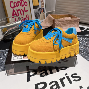 韩版 女鞋 拼色装 板鞋 饰反毛皮厚底松糕小个子6cm增高休闲鞋 真皮版