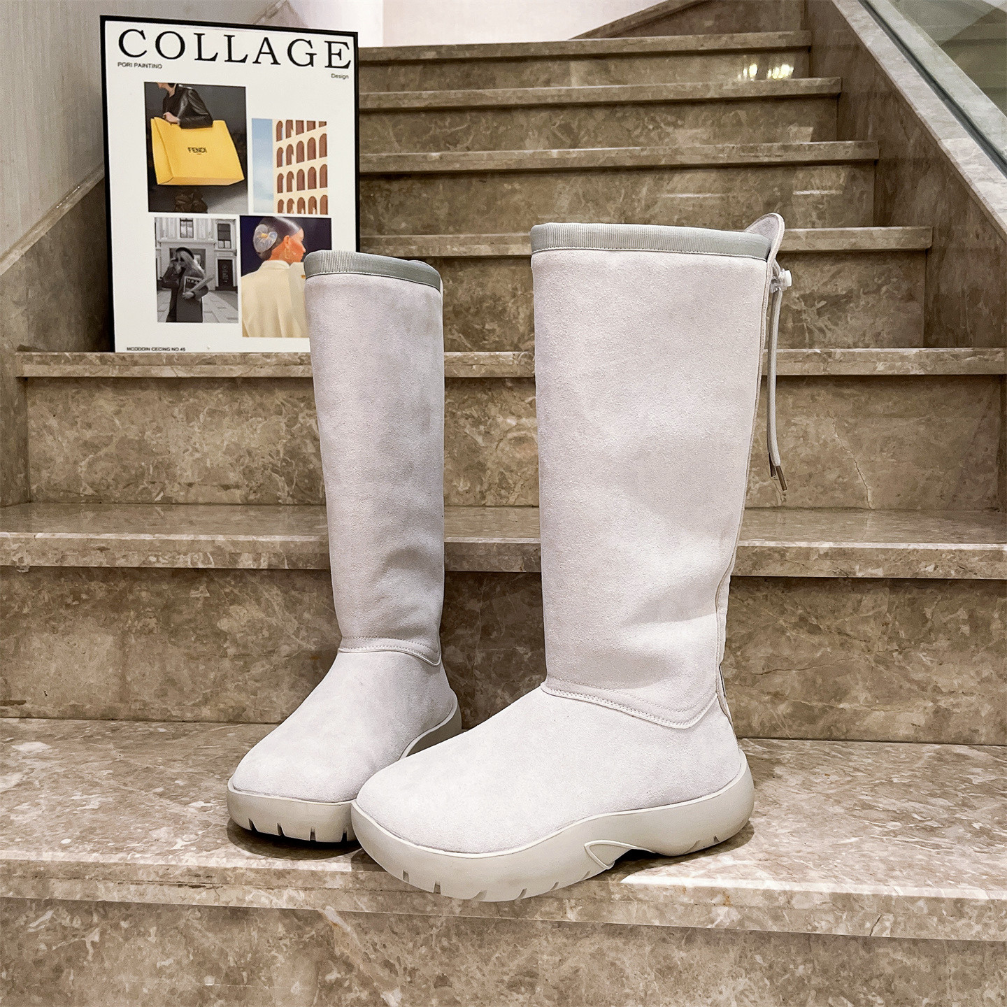 真皮加绒雪地棉靴抽绳瘦瘦靴女鞋