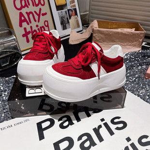 小个子6cm女鞋 真皮版 红色面包鞋 运动鞋 学院风系带厚底松糕休闲鞋