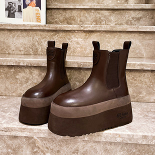 真皮大头擦色厚底松糕小个子8cm做旧马丁靴机车烟筒靴切尔西靴女