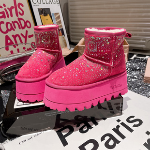 欧货高端冬季 水钻满钻厚底松糕小个子8cm雪地棉靴短筒靴加厚女鞋