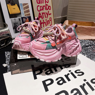 运动鞋 8cm 2026新款 欧货擦色厚底松糕水钻小个子老爹鞋 设计感女鞋