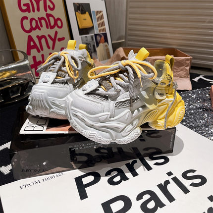 真皮版~欧洲站水钻喷绘厚底松糕老爹鞋运动鞋渐变色小个子7cm女鞋