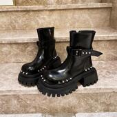 欧货真皮马丁靴重工铆钉皮带扣切尔西靴烟筒靴加绒小个子机车女鞋