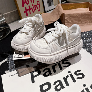 6cm增高女鞋 真皮版 欧货手工擦色小胖丁厚底松糕小飞船休闲小白鞋