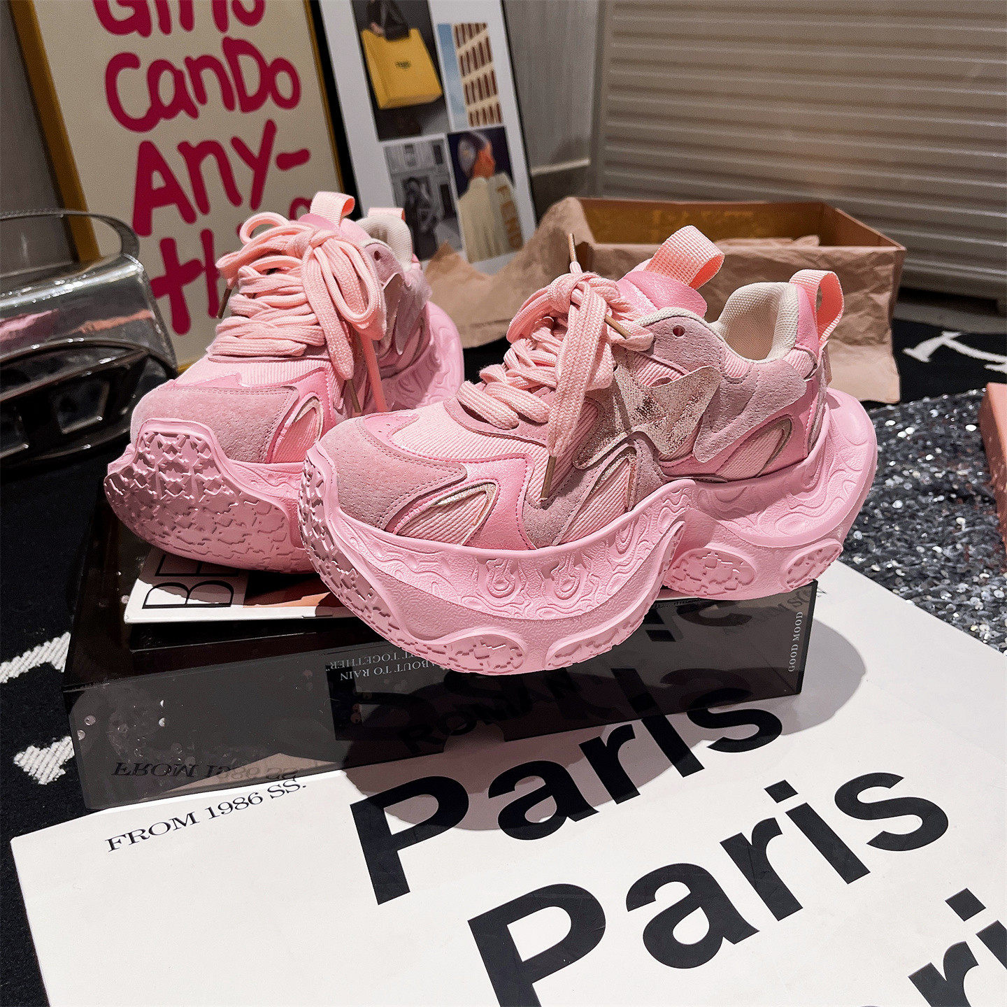 真皮版~反毛皮拼色系带星星厚底松糕小飞尾老爹鞋运动鞋粉色女鞋,女鞋,老爹鞋,淘宝优惠券,粉丝福利购,淘宝优惠卷