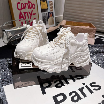 真皮版~欧货系带厚底松糕小个子7cm老爹鞋运动鞋小白鞋超高跟女鞋