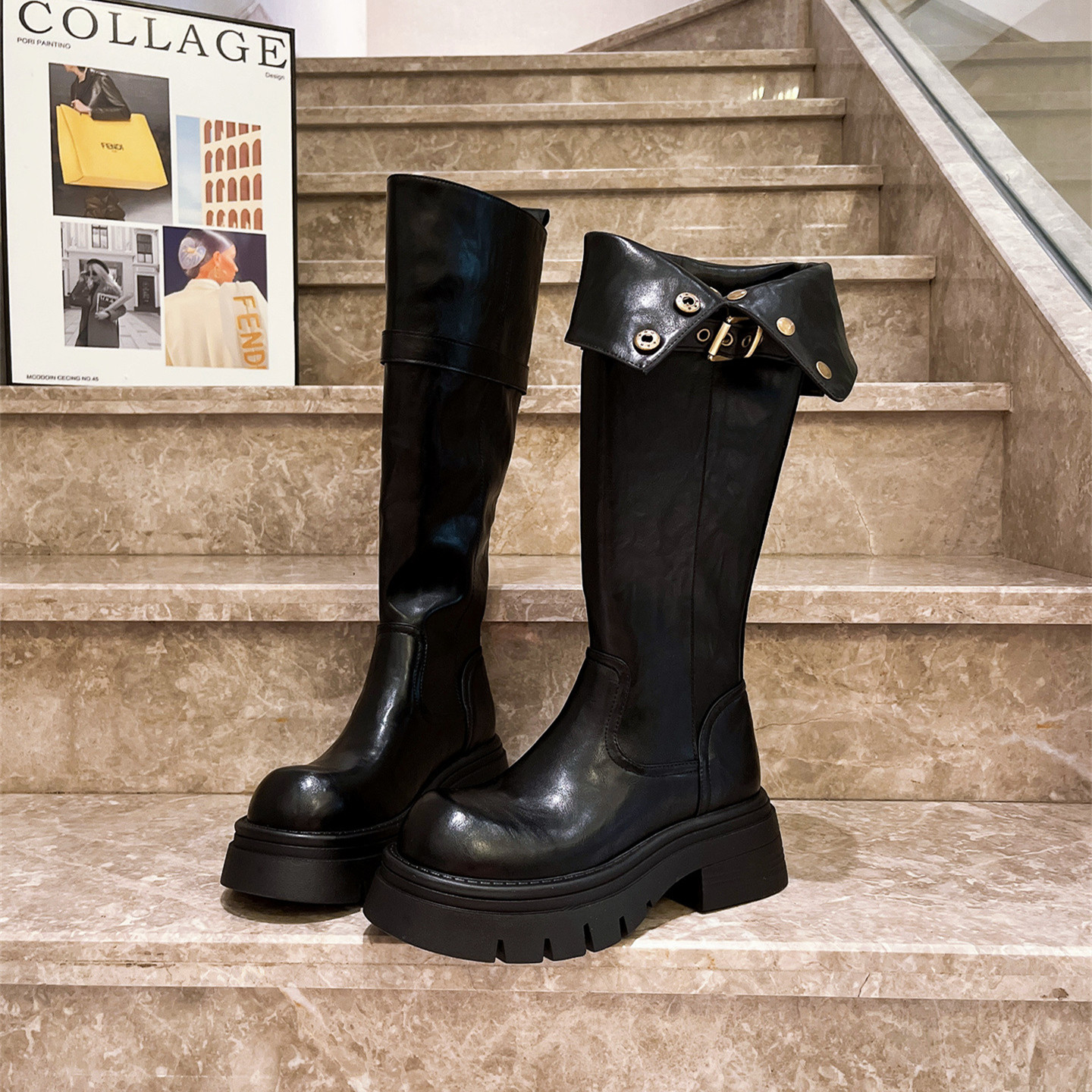 翻领长筒靴加绒高筒靴平底女鞋