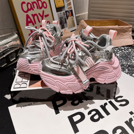 7cm~欧洲站真皮系带厚底松糕老爹鞋运动鞋拼色装饰小个子加绒女鞋