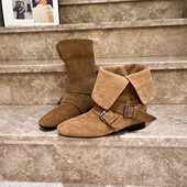 磨砂真皮尖头金属扣小众辣妹西部牛仔短靴翻领两穿马丁机车靴女鞋