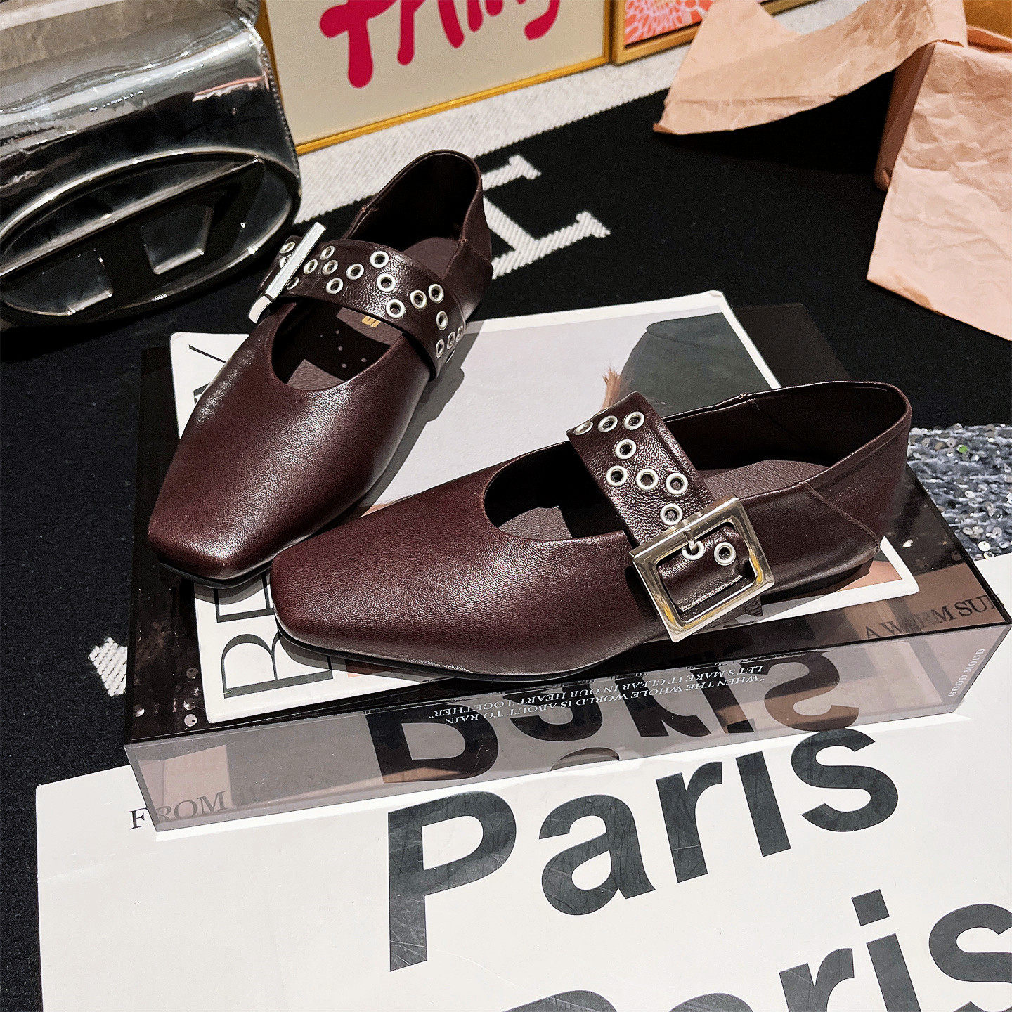 真皮版~欧货复古方头铆钉一字玛丽珍鞋平底芭蕾风尖头女巫鞋单鞋