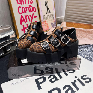 女厚底增高皮带扣一字玛丽珍单鞋 真皮版 欧美复古尖头豹纹松糕鞋