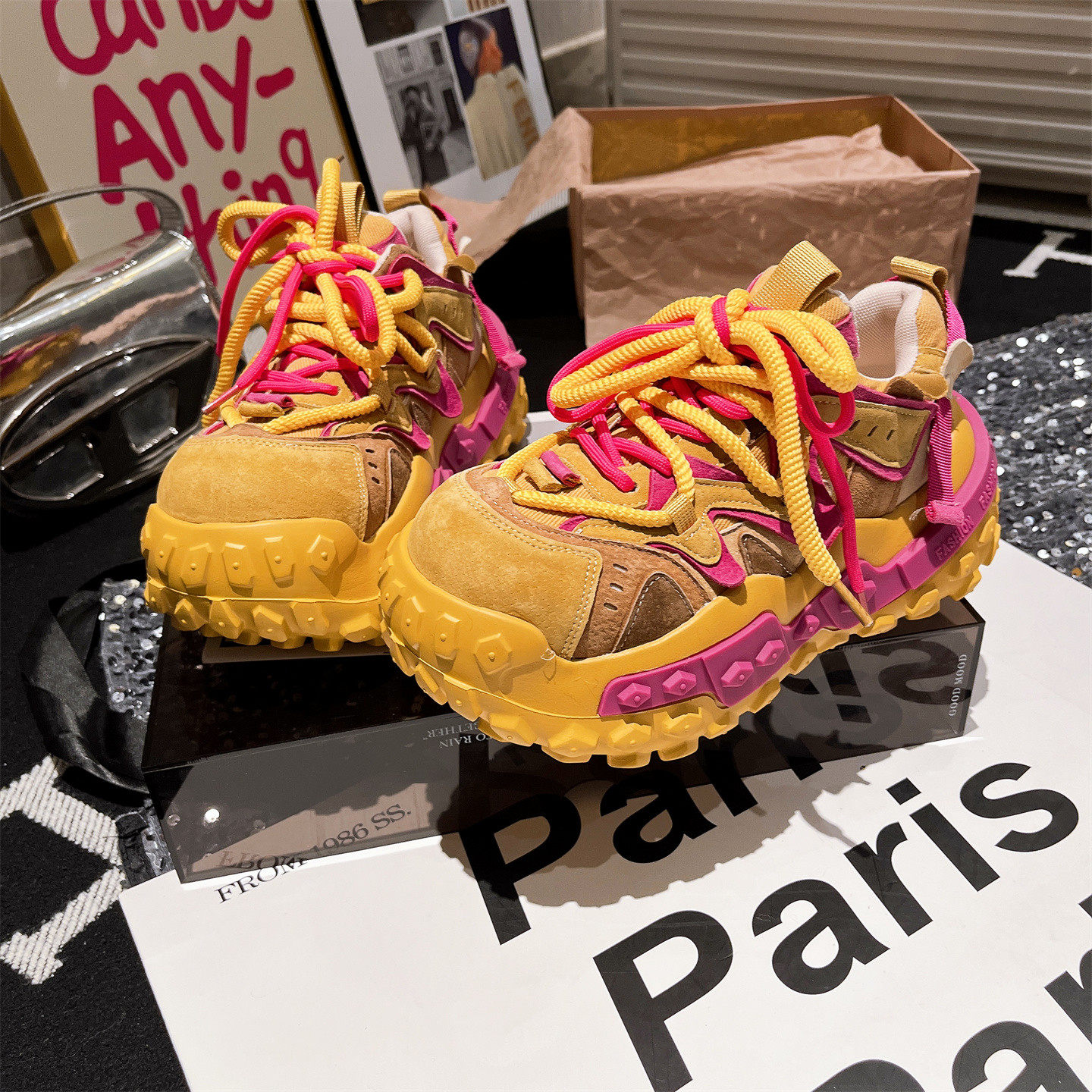 牛皮~系带加绒老爹鞋运动鞋女鞋