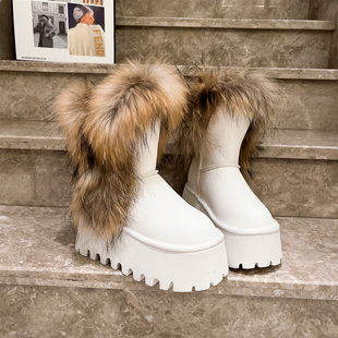 女鞋 貉子毛 短靴雪地棉靴毛毛鞋 真皮皮草小个子面包鞋 8cm欧货新款