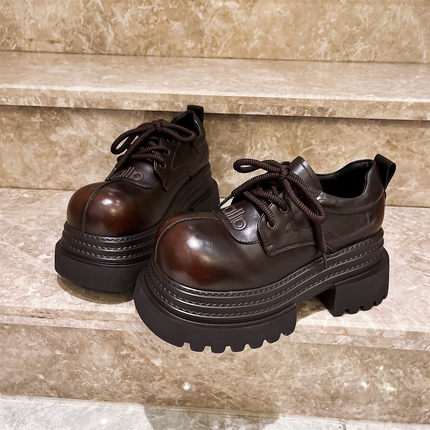 【真皮版】字母大头系带三层底走秀JK小皮鞋乐福鞋7cm布洛克女鞋