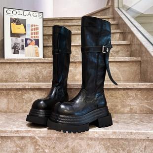 欧货真皮大头金属扣厚底松糕超高跟小个子机车骑士靴长靴8cm女鞋
