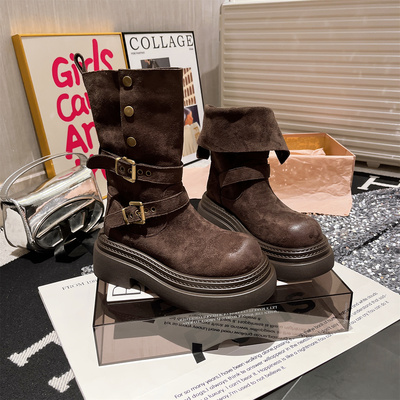 小个子短靴中筒靴翻领两穿机车靴