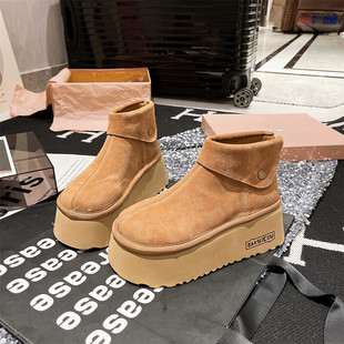 欧洲站复古勃肯鞋 磨砂皮厚底松糕小个子超高跟雪地棉靴短靴面包鞋