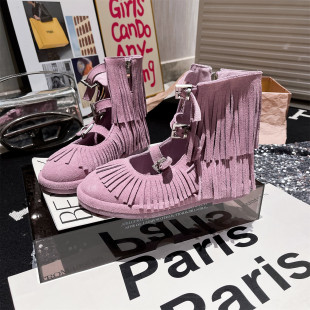 平底百搭磨砂皮玛丽珍高帮凉靴女鞋 真皮版 复古流苏西部罗马凉鞋