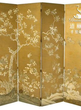 手绘真丝花鸟背景墙隔断定制
