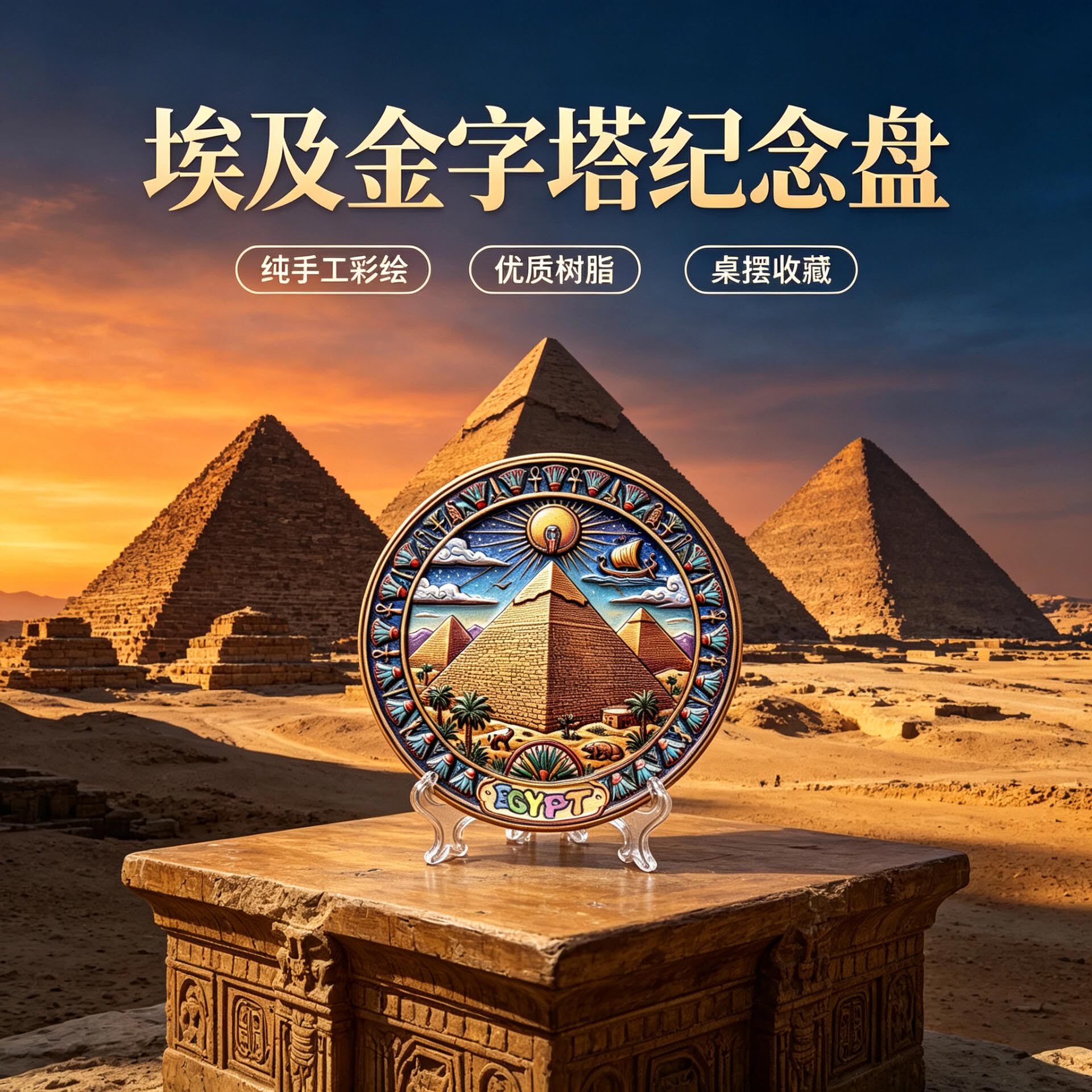 古埃及金字塔装饰盘树脂摆盘圆形立体浮雕桌面摆件文创旅游伴手礼