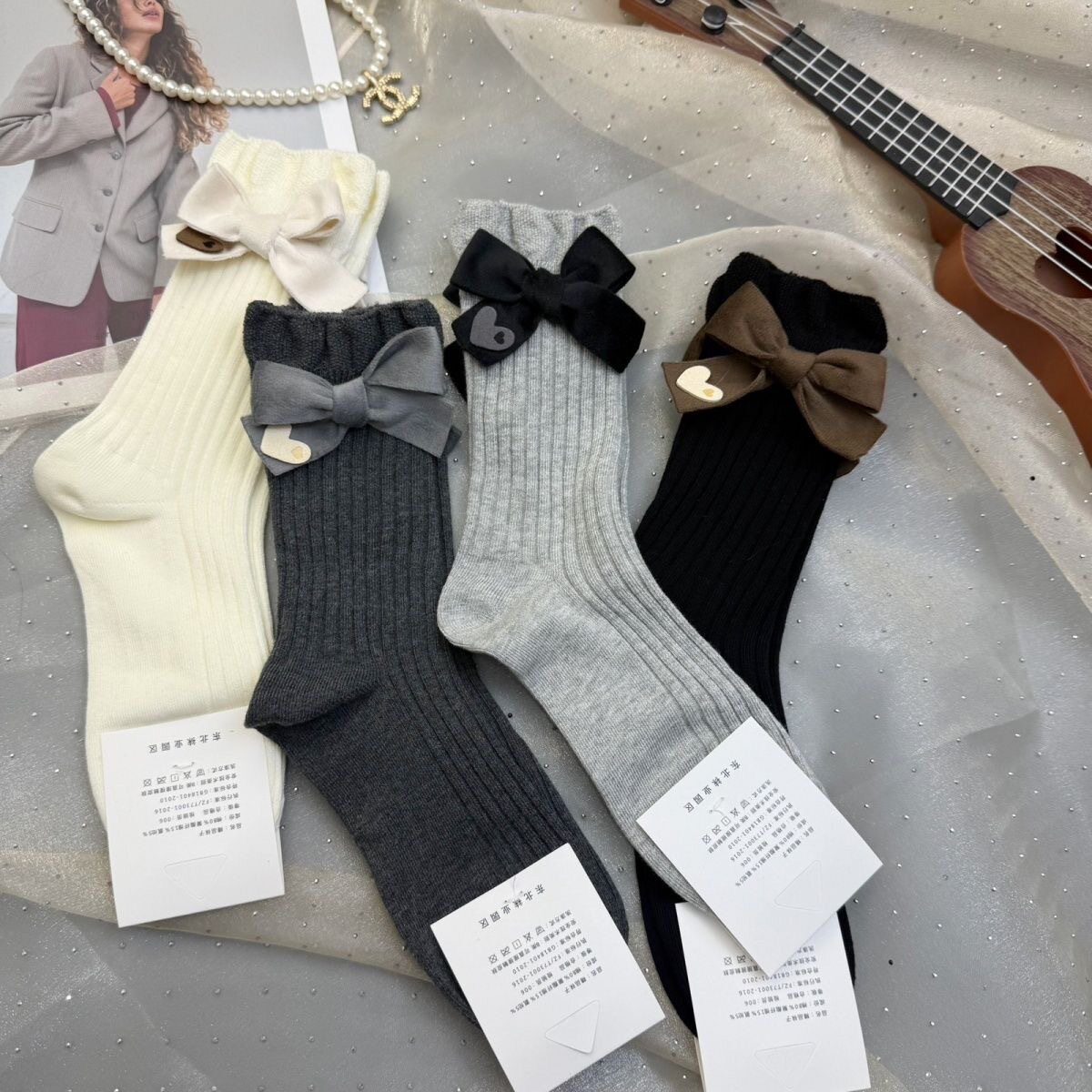 秋冬爆款袜子女款可爱立体蝴蝶结甜美饰品袜ins洋气百搭堆堆棉袜