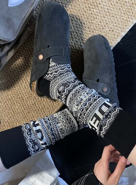 北欧圣诞撞色字母费尔岛袜秋冬情侣针织中筒袜黑色堆堆袜