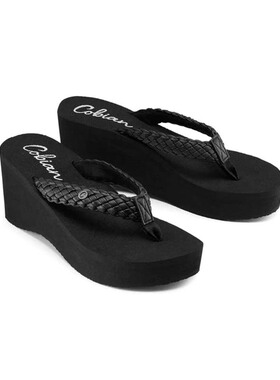 现货cobian 2026夏季新款编织坡跟凉拖鞋女简约时尚百搭人字拖